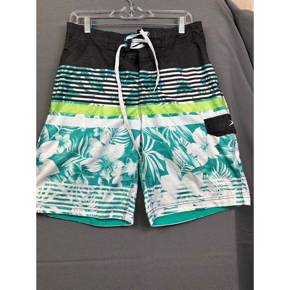 Speedo Men Tropical Floral Striped Board Shorts Teal Green Black Swim Trunks 30